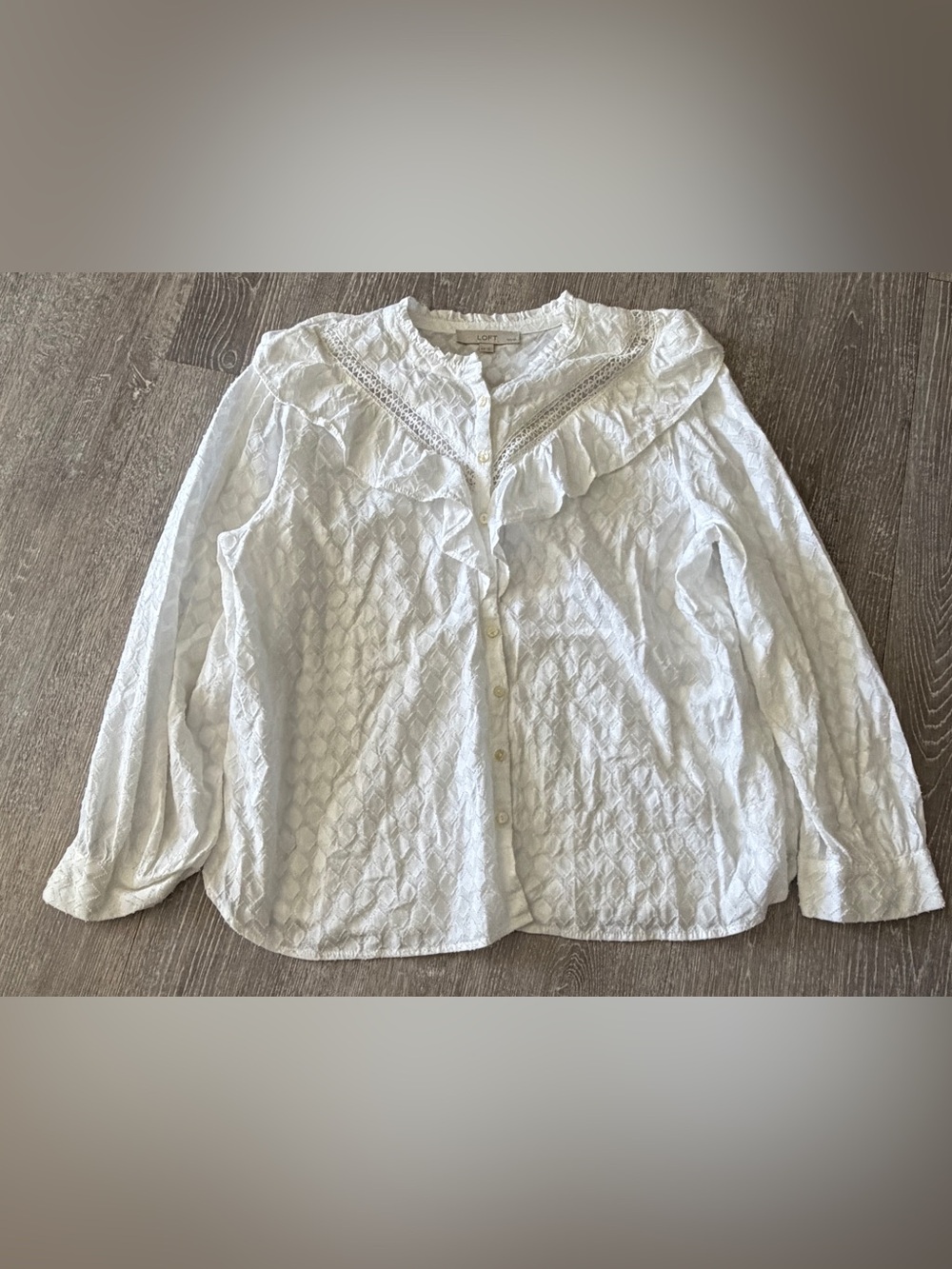 LOFT White Textured Eyelet Ruffle Lace V-Bib Blouse Top XLP